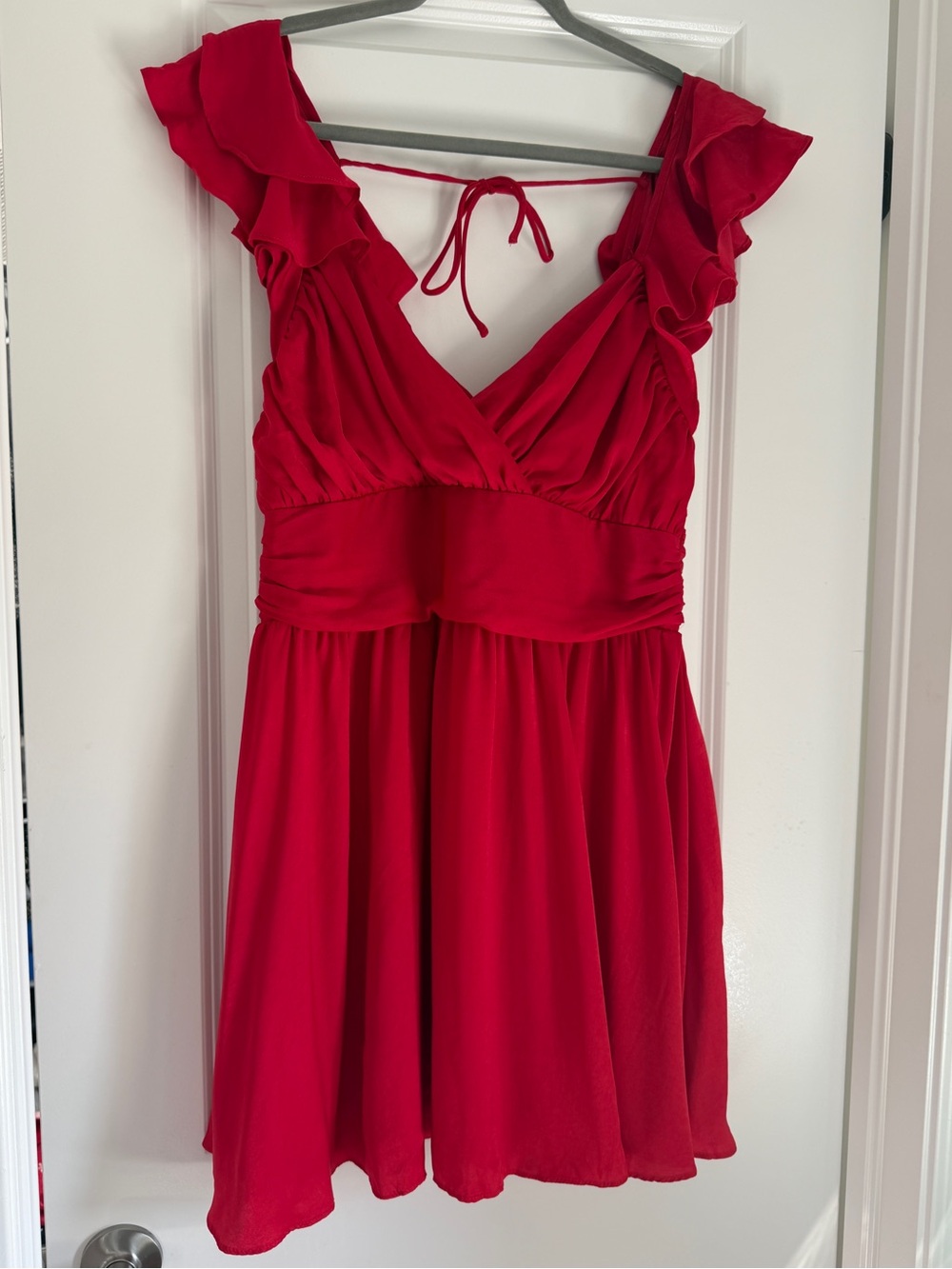 Women’s Lulus Red Ruffle V-Neck Tie-Back Dress
